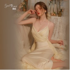 Guiruo New Satin Splice Chiffon Deep V Temptation Chest Cushion Open Back Simple Long Home Suspender Sleeping Dress J3178