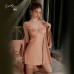 Guiruo Satin Lace and Chest Cushion V-neck Beautiful and Fresh Flying Sleeves Lace up Sleeping Dress Outer Robe Home Suit Set J3336