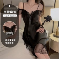 Guiruo Sexy Deep V Ice Silk Pajamas with Dotted Mesh and Chest Cushion Suspended Sleepwear for Women's Home Furnishing Set 2535