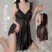 Ruo Ruo Pure Desire Mesh V-neck Low cut Seduction Dark Pattern Jacquard Sweet and Playful Flying Sleeve Hanging Strap Sleeping Dress Set 3238