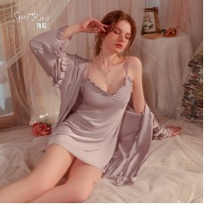 Guiruo pajamas Long sleeved breathable satin sweet pajamas Solid color suspender pajamas Outer robe Women's home wear set 2199