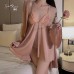 Guiruo Sexy Open Front Hollow Through Deep V Lace Satin Suspended Nightgown Outrobe Women's Home Set 2661