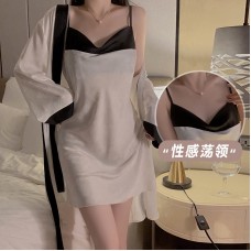 Guiruo Sexy Ancient Style Swinging Neck Ice Silk Pajamas Simple Color Matching Hanging Pajama Dress Outer Robe Women's Home Furnishing Set 3782