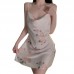 Guiruo Sexy Swinging Collar Flower Print Satin Open Back Suspended Sleeping Dress Mesh Outer Robe Women's Home Set 3780