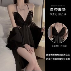 Guiruo Sexy Backless Temptation Ice Silk Pajamas Butterfly Perspective Sling Sleeping Dress Simple Outer Robe Home Furnishing P3945