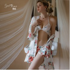 Guiruo Summer New Sexy and Comfortable Print Ice Silk Three Point Lace Up Outer Robe Women's Home Suit Set 19159