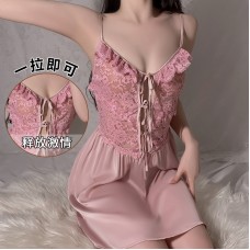 Guiruo Sexy Deep V Lace up Hollow Out Perspective Seduction Splice Satin Sweet Girl Sling Fun Sleeping Dress 19678