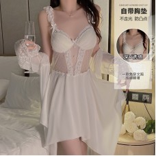 Guiruo French Lace Perspective Mesh Deep V Temptation with Chest Cushion Satin Nightgown Outrobe Home Suit Set J3134