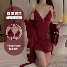 Guiruo Sexy Lace Perspective Attraction with Chest Pads Gathered Large Hanging Strap Sleeping Dress Outer Robe Home Suit Set 1690