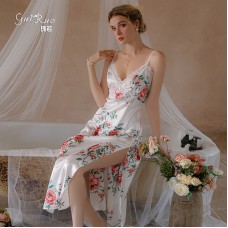 Guiruo Ice Silk Print Sexy Deep V Lace Splice Pure Desire High slit Long Home Sling Dress Set 19231