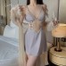 Guiruo Sexy Backless Temptation Ice Silk Pajamas with Chest Pads Gathered Strap Sleeping Skirt Outer Robe Home Suit Set 1667