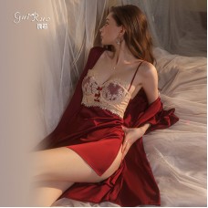 Guiruo Sexy Satin Seduction Lace Splice Deep V Steel Ring Sleeping Dress Casual Outrobe Women's Home Furnishing Set 1701