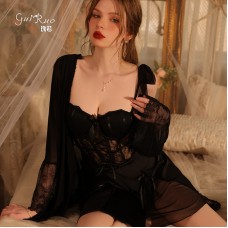 Guiruo Sexy V-neck Chest Cushion Steel Ring Gathering Mesh Splice Perspective Seduction Home Sleeping Dress Outrobe Set K3333