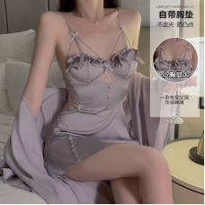 Guiruo Sexy Backless Perspective Lace Collage with Chest Cushion Satin Nightgown Outrobe Women's Home Set P3143