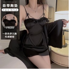 Guiruo Satin Low Chest Gathering with Chest Cushion Sexy Open Back Hollow out Drawstring Nightgown Outer Robe Home Set P3144