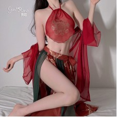 Guiruo Fun Lingerie Hanging Neck Sexy Perspective Attractive Backless Classic Belly Pocket Kimono Outer Robe Bed Uniform Set