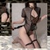 Guiruo Sexy Leopard Pattern Lacquer Leather Concealed Crotch Open Free Mesh Hollow out Uniform Temptation One Piece Set 19507