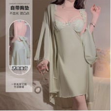 Guiruo Satin Lace V-Neck Gathered with Chest Cushion Lace Strap Cross Back Sleeping Dress Outer Robe Home Suit Set J3336