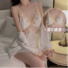 Guiruo Satin Lace Perspective Cross Show Chest Slim Fit Show Slim Slim Slim Slim Slim Slim Slim Slim Sleeping Dress Outer Robe Women's Home Set 1203