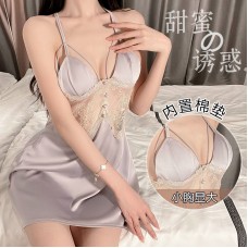 Rosette Sweet Lace Backless Seduction Solid Color Pajamas with Chest Pads, Suspended Nightwear, Home Furnishing Set 2403