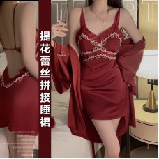 Guiruo Sexy Deep V Satin Lace and Chest Cushion Light Luxury Hanging Strap Sleeping Dress Outer Robe Women's Home Furnishing Set 1187