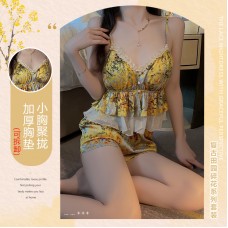 Guiruo Summer Satin Sexy Deep V with Chest Cushion Suspender Shorts, Yellow War Robe, Popular Online Home Suit 3759