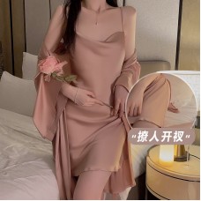 Guiruo Sexy Stacked Collar Silk Smooth Satin High Split Open Back Seduction Sling Sleeping Dress Outer Robe Home Set 1910