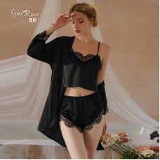 Guiruo Solid Color Satin Patch Lace Simple and Comfortable Suspender Top Shorts Outer Robe Home Suit Set 19072