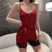 Guiruo Solid Color Jumpsuit New Casual V-neck Lace up Slim Sleepwear Ice Silk Comfortable Home Suit Set 19078