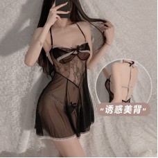 Guiruo Fun Underwear Sexy and Tempting Hot Mesh Lace Splice Perspective Open Back Suspended Sleeping Dress Set 2272