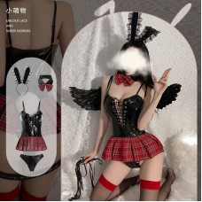 Rose like sexy underwear Hot sexy anime COS patent skin tight bunny girl plaid uniform set 2372