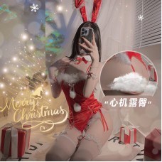 Guiruo Cute Rabbit Girl Christmas Uniform Velvet One Piece Open Crotch Sexy Open Hip seductive Women's Fun Set 2491