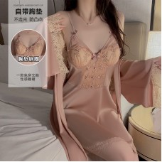 Rose Ruosi Smooth Satin Face Sweet Lace and Chest Cushion Steel Ring Gathering Sleeping Dress Lazy Outer Robe Home Set P3479