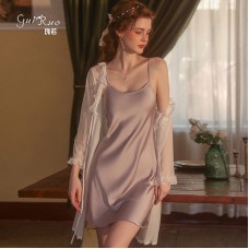 Guiruo Sexy Satin Deep V Private Sleeping Dress Solid Loose Mesh Perspective Outer Robe Women's Home Furnishing Set 2369