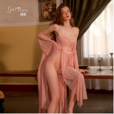 Guiruo Fun Lingerie Sexy Lace Perspective Attractive Comfortable Pure Desire Sling Sleeping Dress Outer Robe Uniform Set 2291