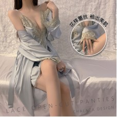 Guiruo Solid Color Pajamas Lace up Pajamas Sexy Deep V Lace Satin Suspended Pajama Dress Home Furnished Set 272