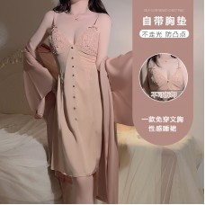 Rose Ruosi Smooth Satin Button Decoration Deep V Plus Chest Pads Perspective Temptation Sleeping Skirt Outer Robe Home Suit Set 3379