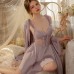 Guiruo Pure Desire Lace Perspective Open Back Chest Cushion Gathered Strap Sleeping Dress Outer Robe Women's Home Suit Set J3134