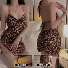 Guiruo Pure Lust Style Sexy Hanging Neck Lace up Hot Leopard Pattern Slim Fit Pleated Wrap Hip Skirt Split Home Sleeping Dress 3898