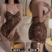 Guiruo Pure Lust Style Sexy Hanging Neck Lace up Hot Leopard Pattern Slim Fit Pleated Wrap Hip Skirt Split Home Sleeping Dress 3898