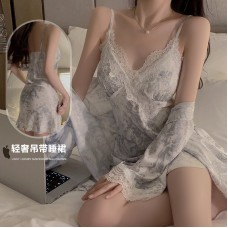 Guiruo Simple and Comfortable Printed Satin Lace and Chest Cushion Suspended Sleeping Dress Outer Robe Women's Home Furnishing Set 3809