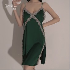 Guiruo Spring/Summer Thin Solid Color Strap Sexy Deep V Nightwear Home Furnished Lace Split Pajama Set Sent 199