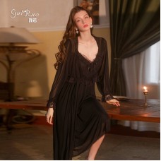 Guiruo Sexy Suspended Sleeping Dress Outer Robe Summer Open Back V-neck Ice Silk Thin Long Skirt Home Suit Set 2070