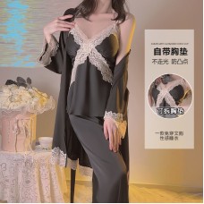 Guiruo Sexy Deep V Plus Chest Cushion Suspender Top Long Pants Outer Robe Three Piece Comfortable Pure Lust Home Suit Set