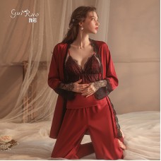 Ruo Ruo Sexy Satin Lace Open Back Sexy Private Bedgown Three Piece Solid Color Women's Homewear Set 19076