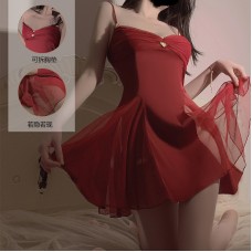 Rose Ruosi Smooth Satin Sexy Low Breast V-Neck Ruffles and Chest Pads Translucent Yarn Seduction Women's Home Fury Sleeping Dress 3232