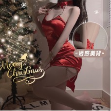 Guiruo Fun Underwear Sexy Open Back Silky Slim Fit Sleeping Dress Open Back Strap Temptation Christmas Uniform Set 3816