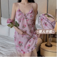 Rose like Sweet Flower Print Chiffon Sexy Split Perspective Attractive Women's Sling Sleeping Dress Home Set 19224