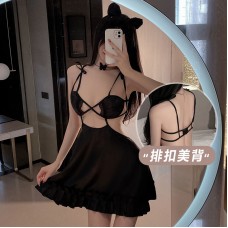 Guiruo Fun Underwear Sexy Hollow out Temptation Dew Breast Pajamas Solid Color Backless Suspended Dress Home Suit Set 1665