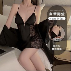 Guiruo Sexy Plus Chest Pads Gather Large Size Pajamas Ice Silk Sling Pajama Dresses Simple Outer Robe Home Suit Set 1690